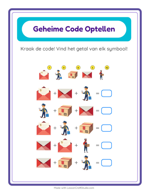 Voorbeeld van het Code-optellen-werkblad met Postkantoor voor kleuterklas