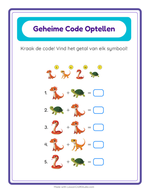 Voorbeeld van het Code-optellen-werkblad met Reptielen en amfibieën voor kleuterklas