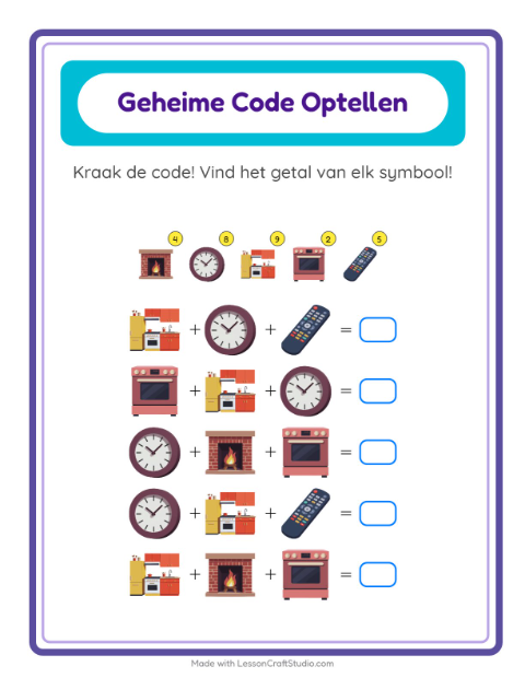 Voorbeeld van het Code-optellen-werkblad met Rond het huis voor kleuterklas