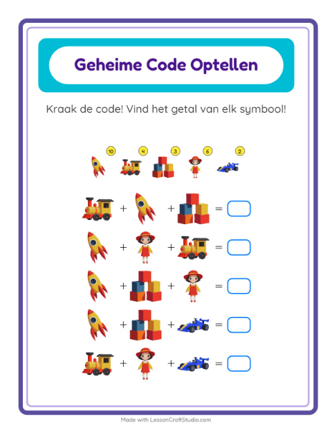 Rekencode kraken tot 20 met speelgoedjes – werkblad voor groep 3 — 2