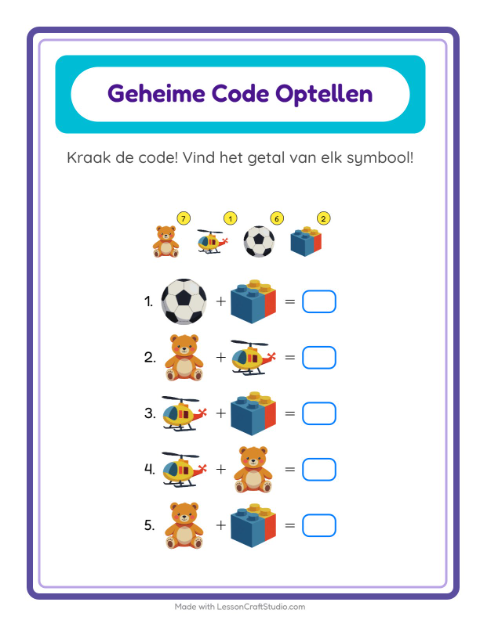 Voorbeeld van Rekencode kraken tot 20 met speelgoedjes – werkblad voor groep 3