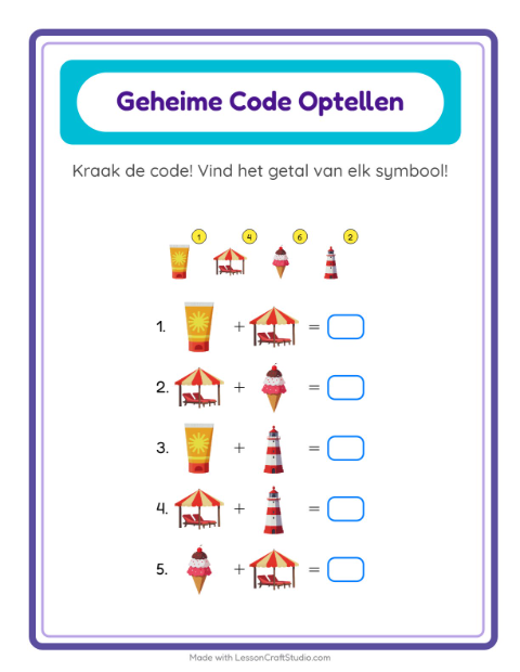 Voorbeeld van het Code-optellen-werkblad met Strand voor kleuterklas