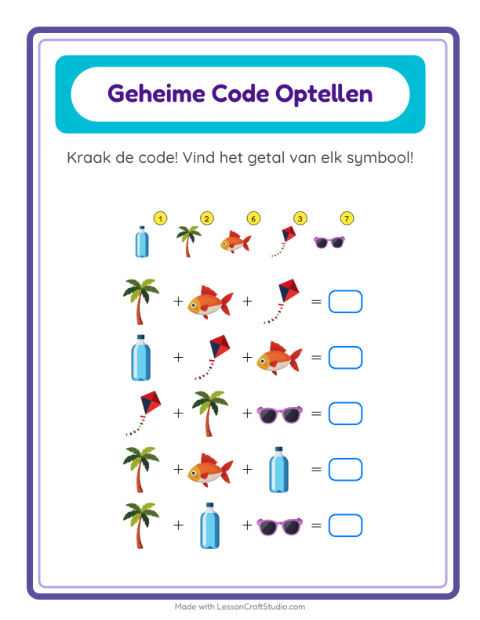 Voorbeeld van het Code-optellen-werkblad met Strand voor kleuterklas
