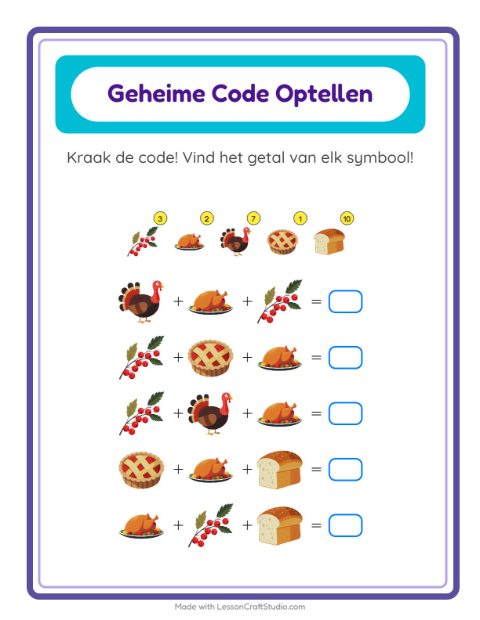Voorbeeld van het Code-optellen-werkblad met Thanksgiving voor kleuterklas