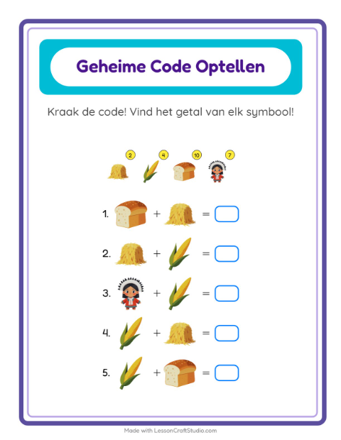 Voorbeeld van het Code-optellen-werkblad met Thanksgiving voor kleuterklas