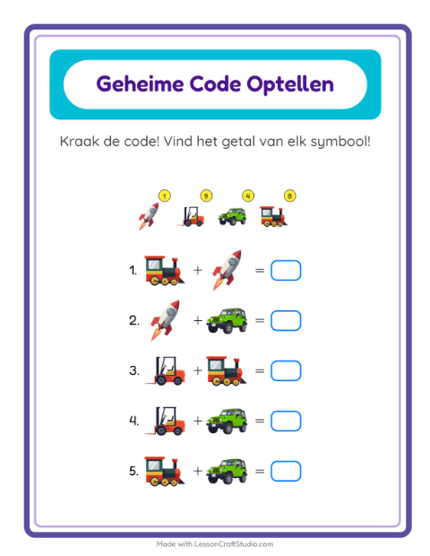 Voorbeeld van het Code-optellen-werkblad met Voertuigen voor kleuterklas
