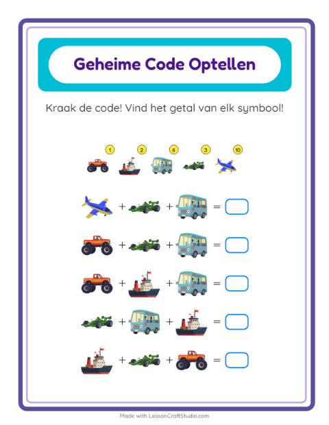 Voorbeeld van het Code-optellen-werkblad met Voertuigen voor kleuterklas