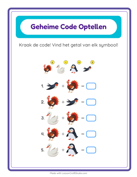 Voorbeeld van het Code-optellen-werkblad met Vogels 2 voor kleuterklas