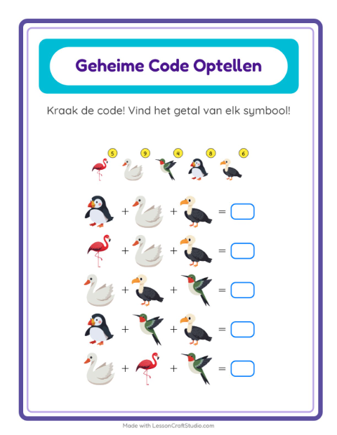 Voorbeeld van het Code-optellen-werkblad met Vogels 2 voor kleuterklas