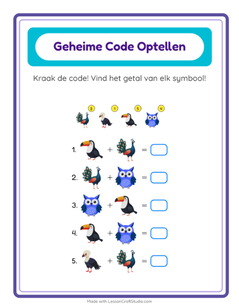 Voorbeeld van het Code-optellen-werkblad met Vogels voor kleuterklas