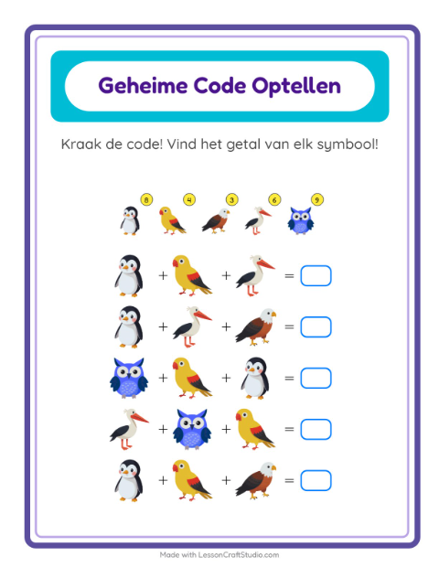 Voorbeeld van het Code-optellen-werkblad met Vogels voor kleuterklas