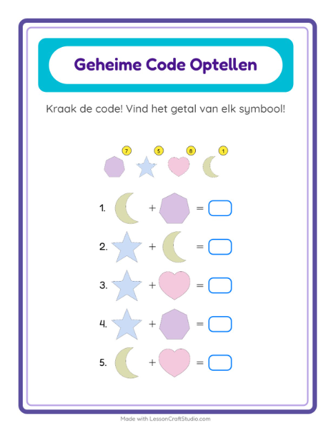 Voorbeeld van het Code-optellen-werkblad met Vormen voor kleuterklas