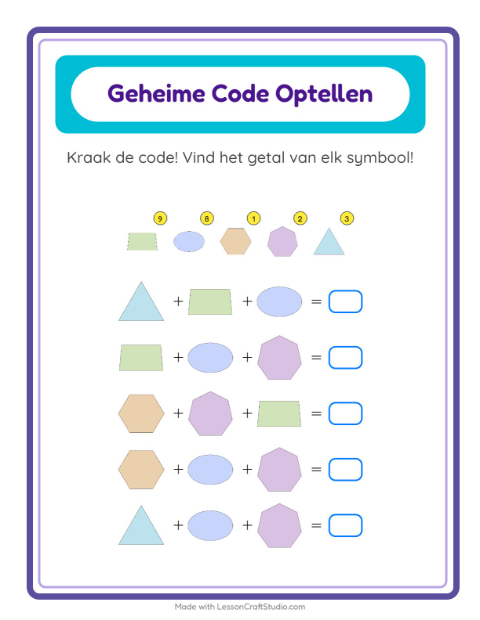 Voorbeeld van het Code-optellen-werkblad met Vormen voor kleuterklas