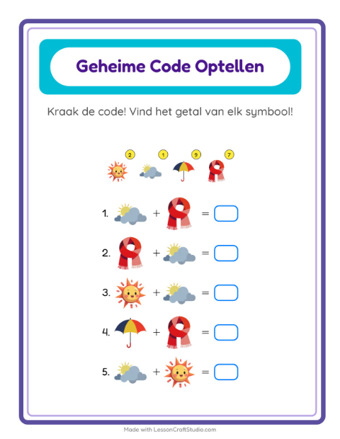 Voorbeeld van het Code-optellen-werkblad met Weer voor kleuterklas