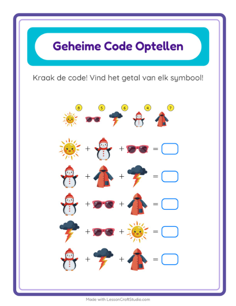 Voorbeeld van het Code-optellen-werkblad met Weer voor kleuterklas