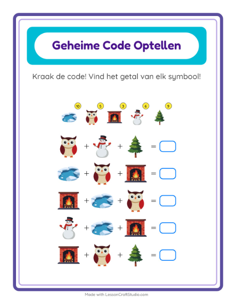 Voorbeeld van het Code-optellen-werkblad met Winter voor kleuterklas