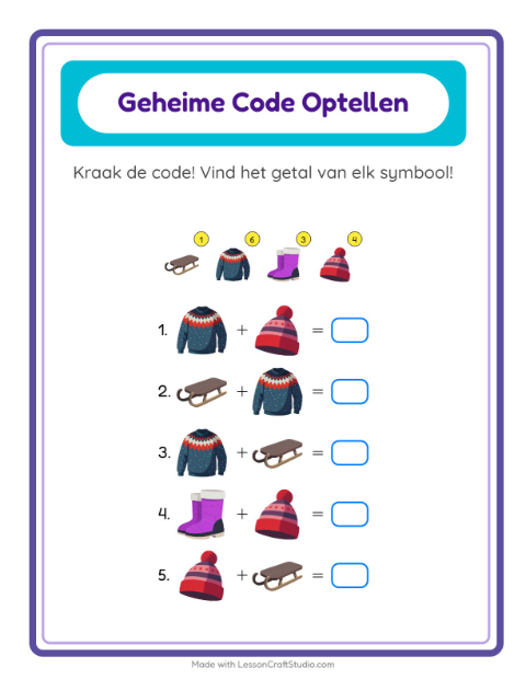 Voorbeeld van het Code-optellen-werkblad met Winter voor kleuterklas