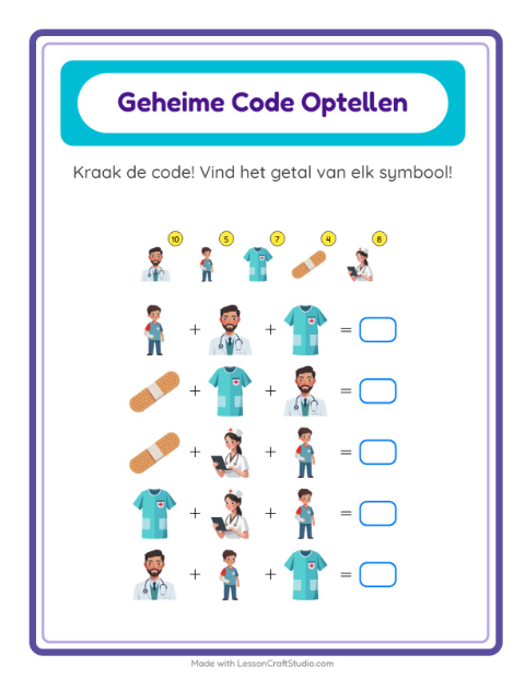 Voorbeeld van het Code-optellen-werkblad met Ziekenhuis voor kleuterklas