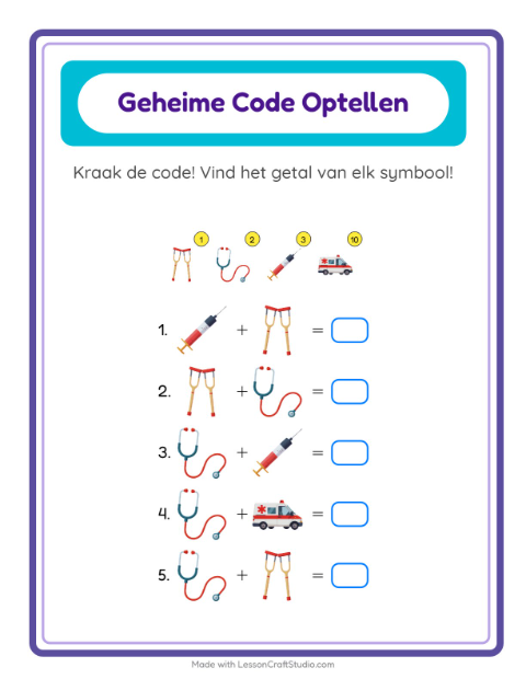 Voorbeeld van het Code-optellen-werkblad met Ziekenhuis voor kleuterklas