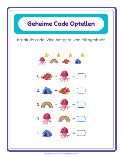 Voorbeeld van het Code-optellen-werkblad met Zomer voor kleuterklas