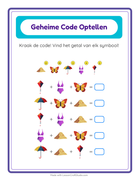 Voorbeeld van het Code-optellen-werkblad met Zomer voor kleuterklas