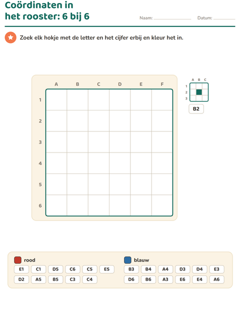 Voorbeeld van het Coördinaten in het rooster-werkblad voor groep 4