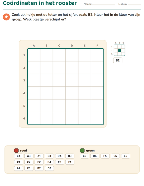 Voorbeeld van het Coördinaten in het rooster-werkblad voor groep 4