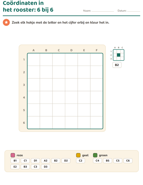 Voorbeeld van het Coördinaten in het rooster-werkblad voor groep 4