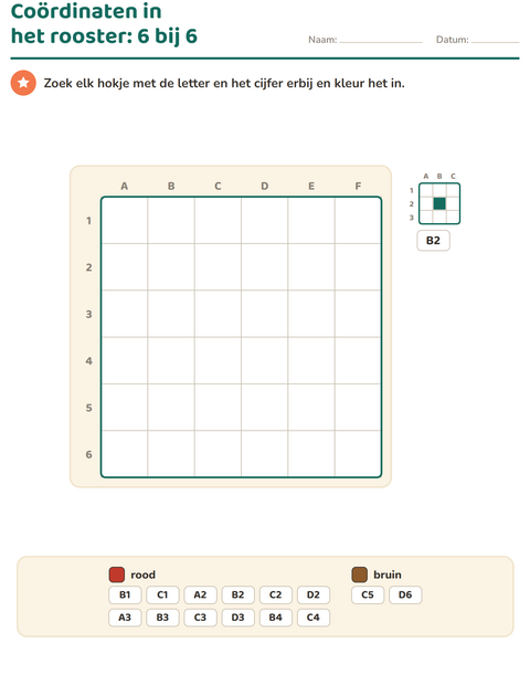 Voorbeeld van het Coördinaten in het rooster-werkblad voor groep 4