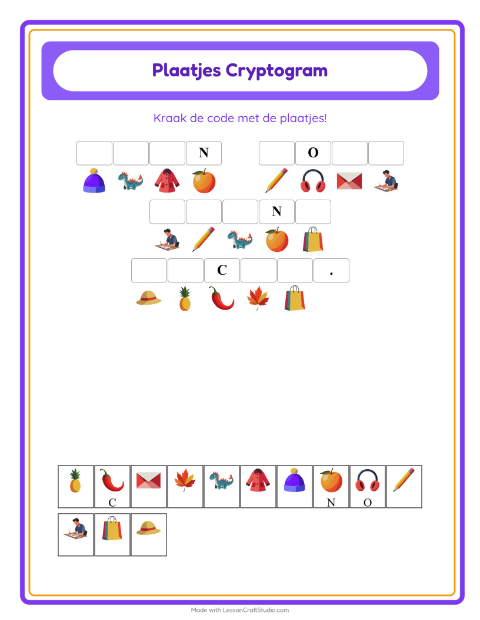 Voorbeeld van het Cryptogram-werkblad voor kleuterklas
