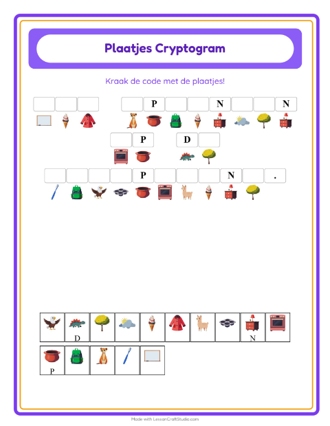 Voorbeeld van het Cryptogram-werkblad voor kleuterklas