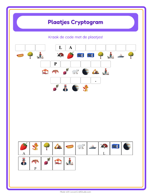 Voorbeeld van het Cryptogram-werkblad voor kleuterklas