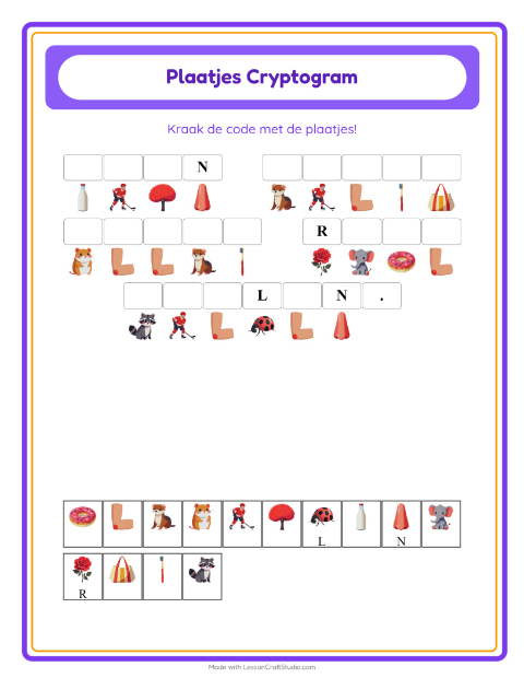 Voorbeeld van het Cryptogram-werkblad voor kleuterklas