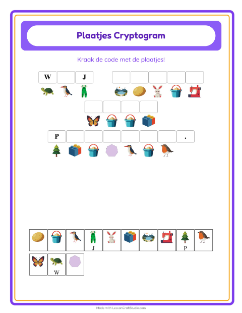 Voorbeeld van het Cryptogram-werkblad voor kleuterklas