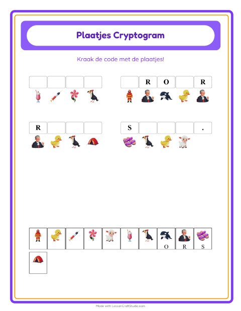 Voorbeeld van het Cryptogram-werkblad voor kleuterklas