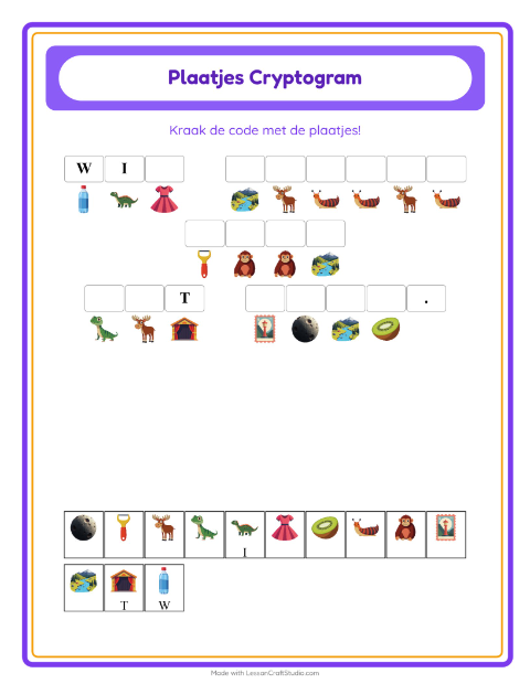 Voorbeeld van het Cryptogram-werkblad voor kleuterklas