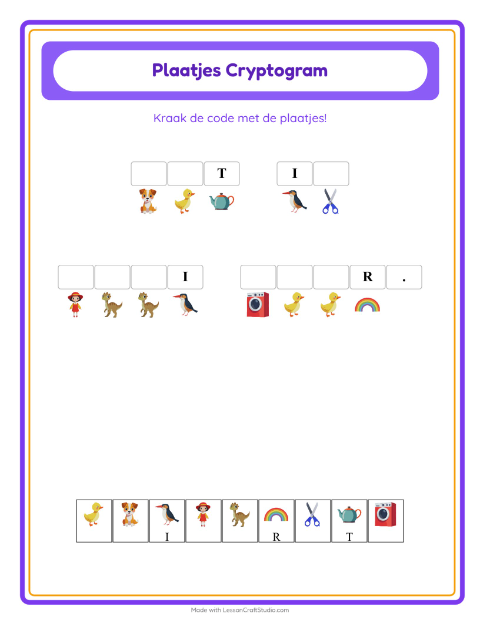 Voorbeeld van het Cryptogram-werkblad voor kleuterklas