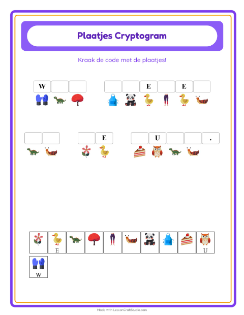 Voorbeeld van het Cryptogram-werkblad voor kleuterklas