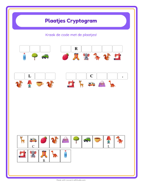 Voorbeeld van het Cryptogram-werkblad voor kleuterklas