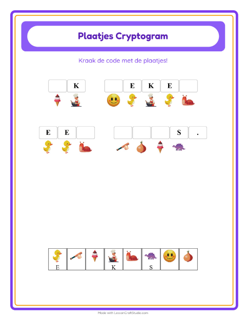 Voorbeeld van het Cryptogram-werkblad voor kleuterklas