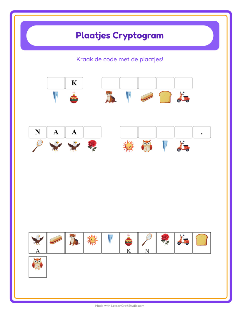 Voorbeeld van het Cryptogram-werkblad voor kleuterklas