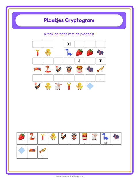 Voorbeeld van het Cryptogram-werkblad voor kleuterklas
