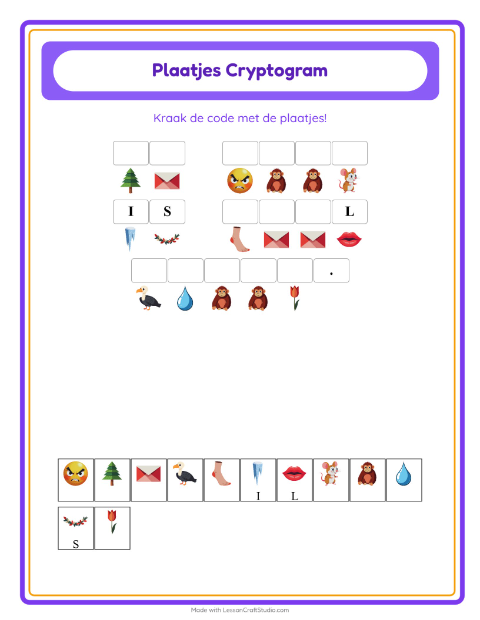 Voorbeeld van het Cryptogram-werkblad voor kleuterklas