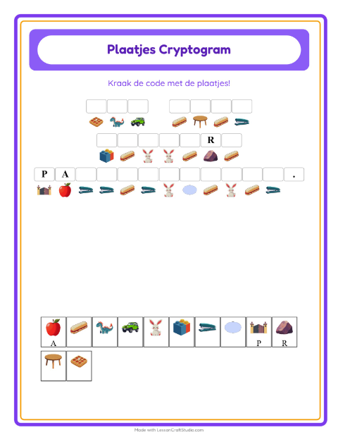 Voorbeeld van het Cryptogram-werkblad voor kleuterklas