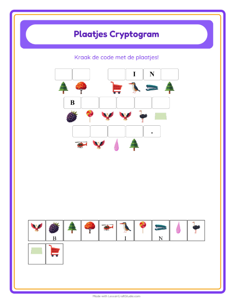 Voorbeeld van het Cryptogram-werkblad voor kleuterklas