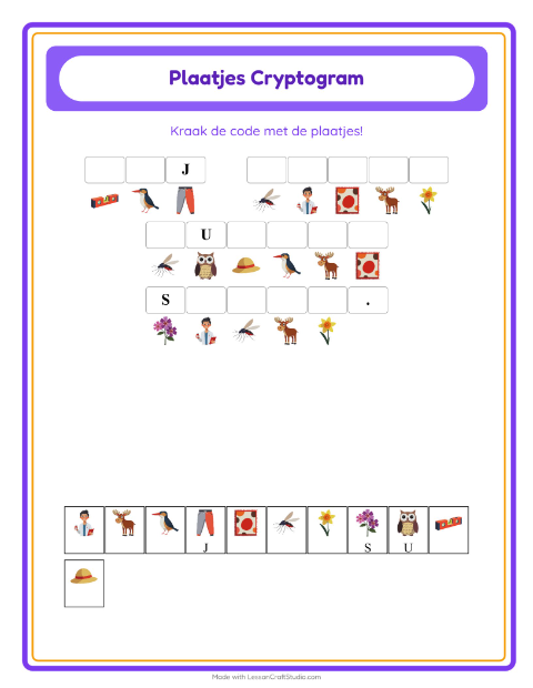 Voorbeeld van het Cryptogram-werkblad voor kleuterklas