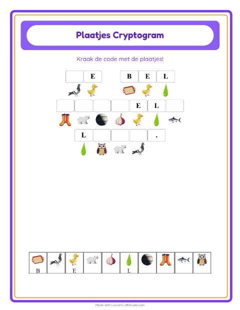 Voorbeeld van het Cryptogram-werkblad voor kleuterklas