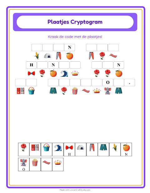 Voorbeeld van het Cryptogram-werkblad voor kleuterklas