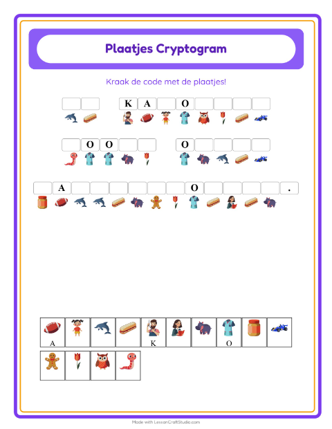 Voorbeeld van het Cryptogram-werkblad voor kleuterklas