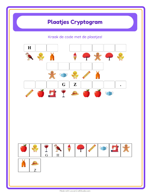 Voorbeeld van het Cryptogram-werkblad voor kleuterklas
